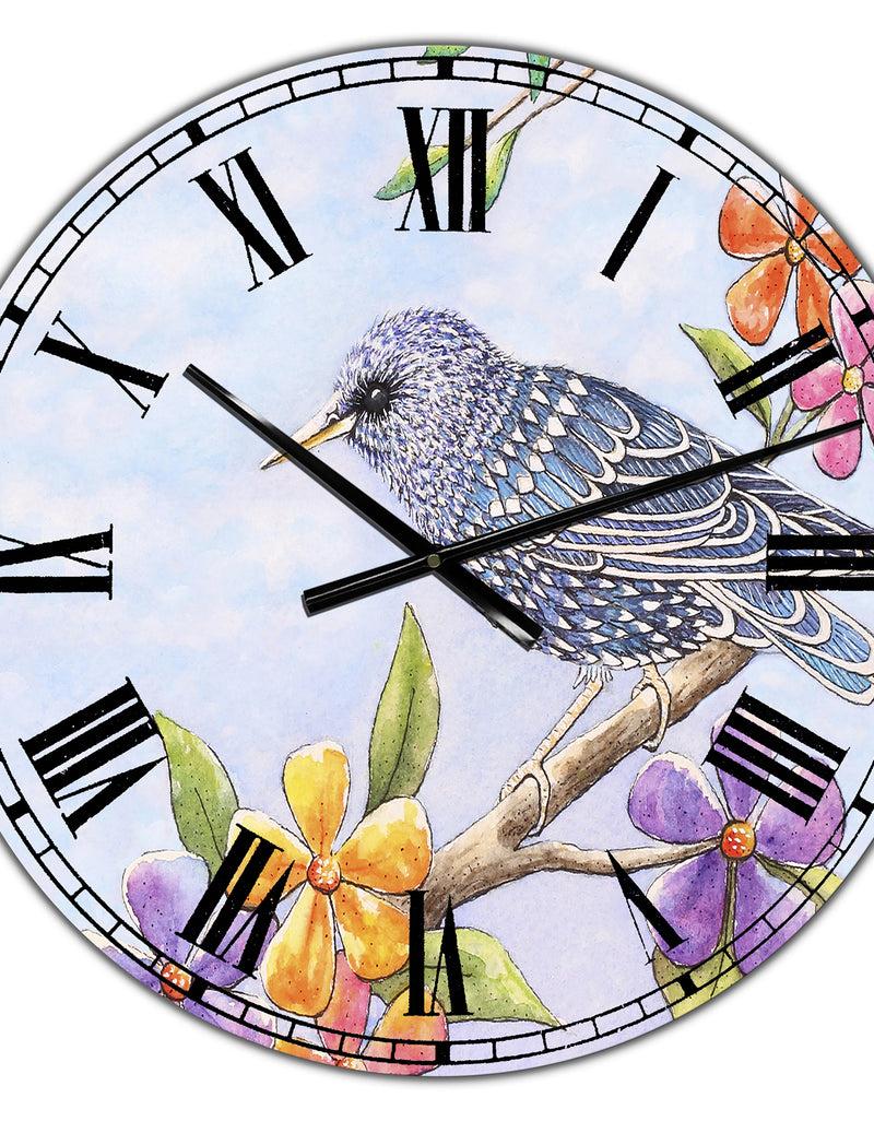 Designq Starling Bird With Flowers - Large Cottage Wall Clock