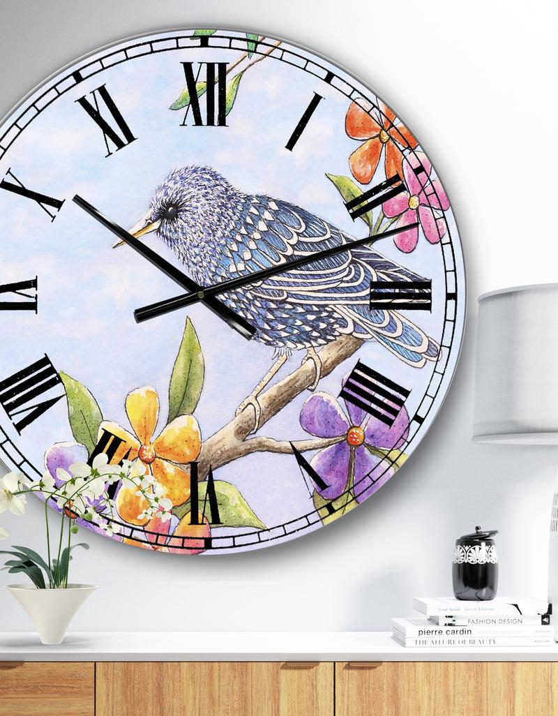 designq Starling Bird with Flowers - Large Cottage Wall Clock