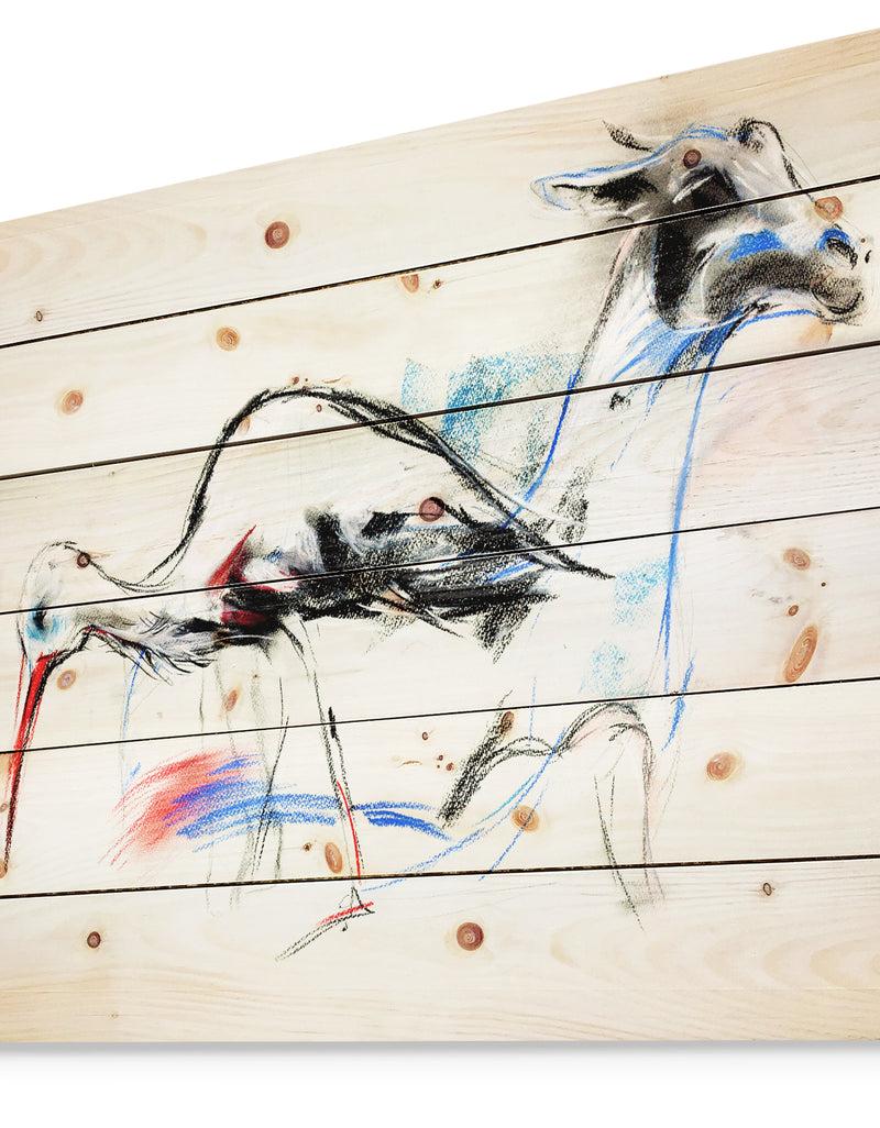 Designq Stork And Llama - Animals Sketch Painting Print On Natural Pine Wood
