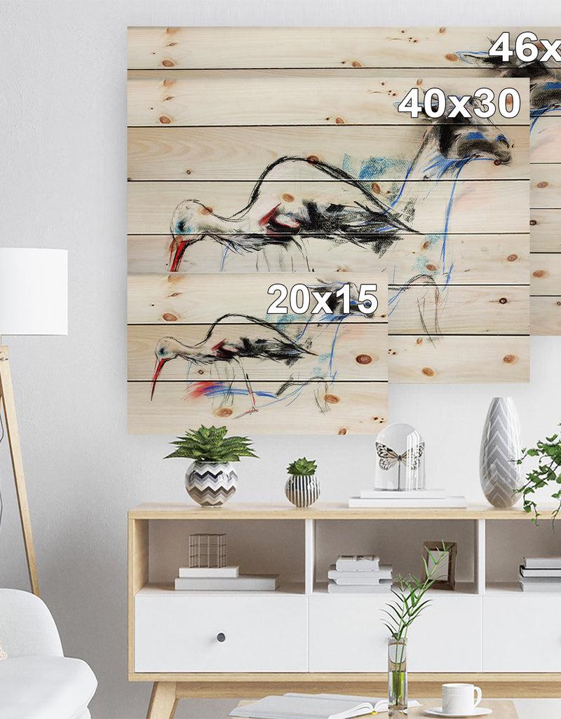 Designq Stork And Llama - Animals Sketch Painting Print On Natural Pine Wood