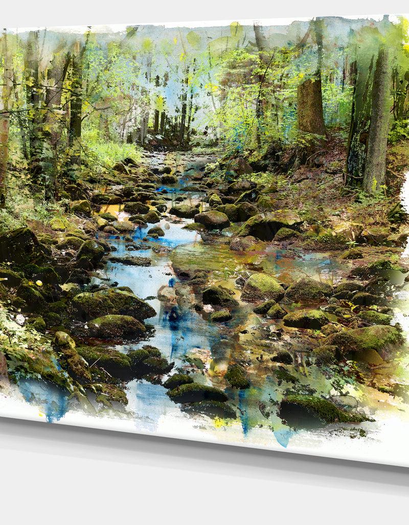 Designq Stream In The Forest - Landscape Painting Canvas Print