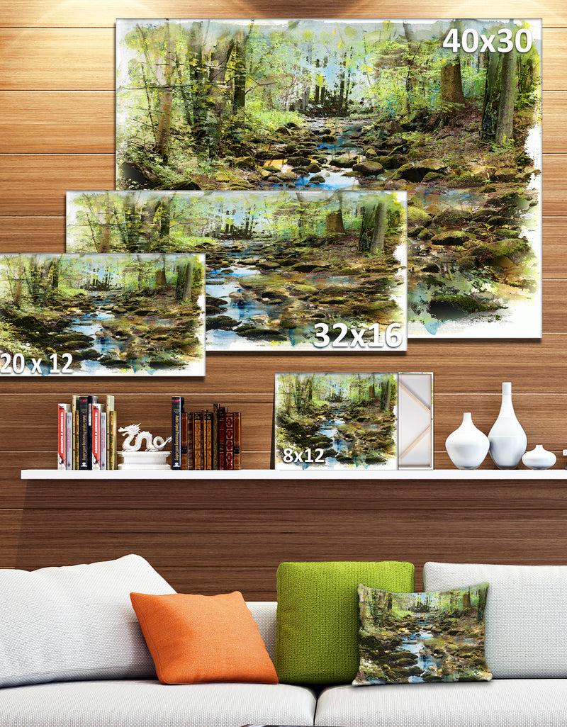 Designq Stream In The Forest - Landscape Painting Canvas Print