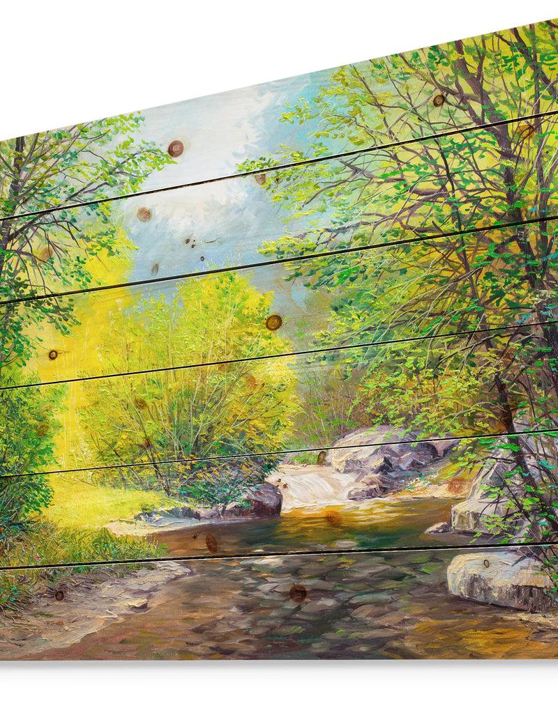 Designq Summer Forest In Beautiful River - Landscapes Painting Print On Natural Pine Wood