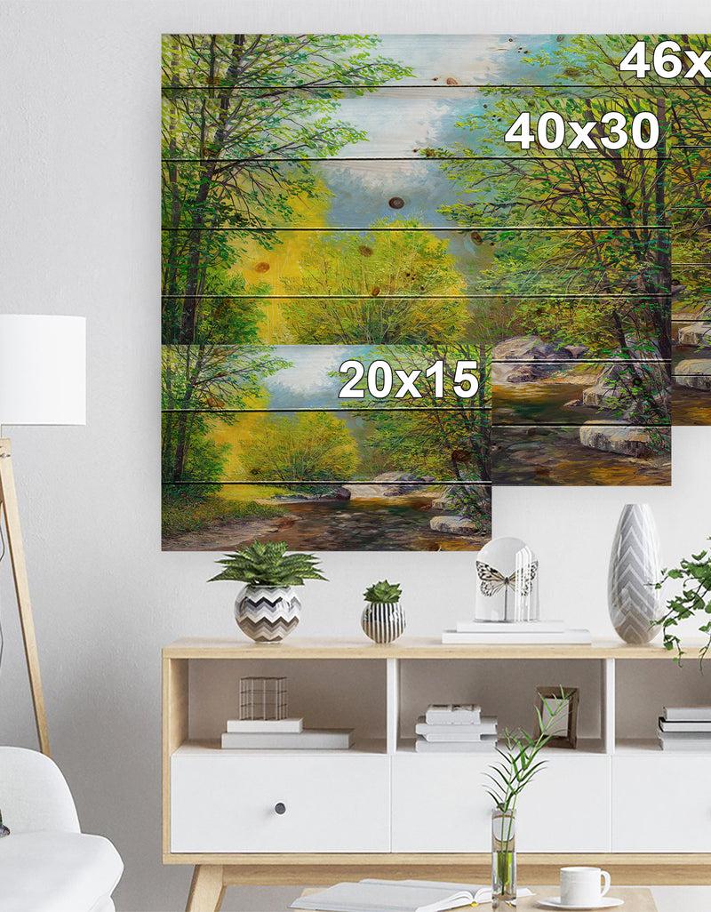 Designq Summer Forest In Beautiful River - Landscapes Painting Print On Natural Pine Wood