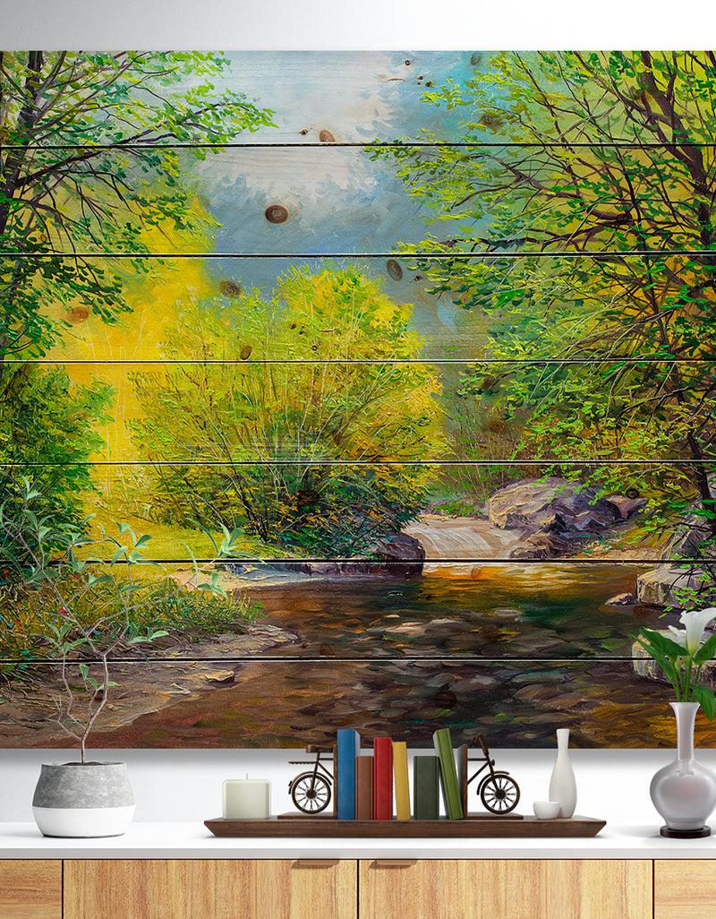 designq Summer Forest in Beautiful River - Landscapes Painting Print on Natural Pine Wood