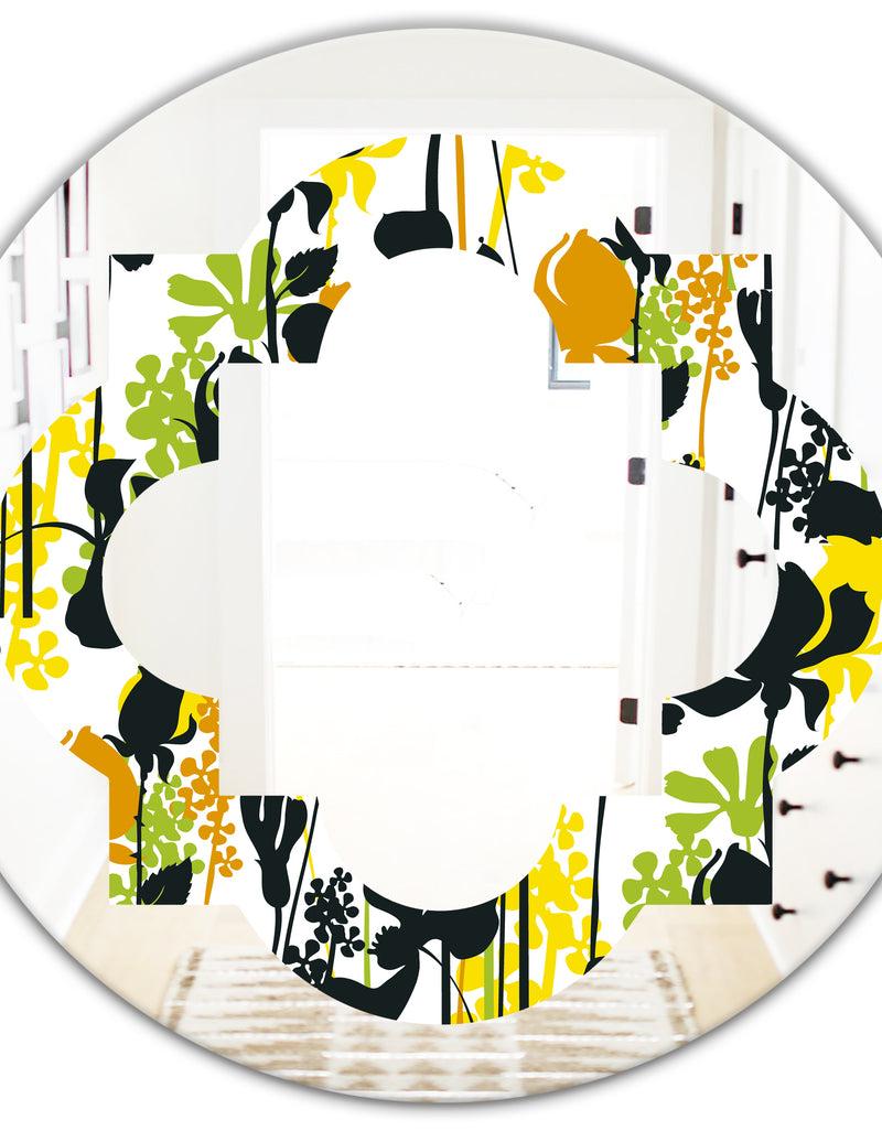 Designq Summer Meadow Pattern Black Silhouettes - Modern Round Or Oval Wall Mirror - Quatrefoil