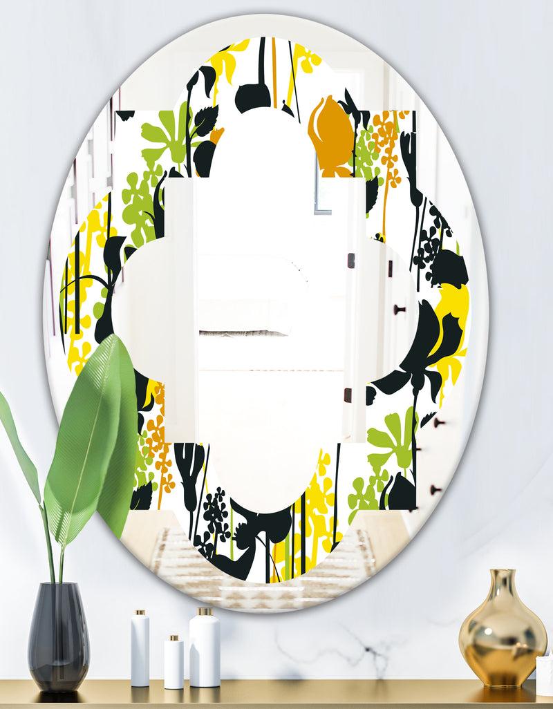 Designq Summer Meadow Pattern Black Silhouettes - Modern Round Or Oval Wall Mirror - Quatrefoil