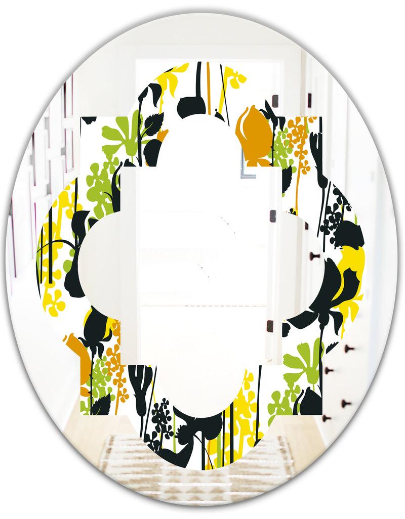 Designq Summer Meadow Pattern Black Silhouettes - Modern Round Or Oval Wall Mirror - Quatrefoil