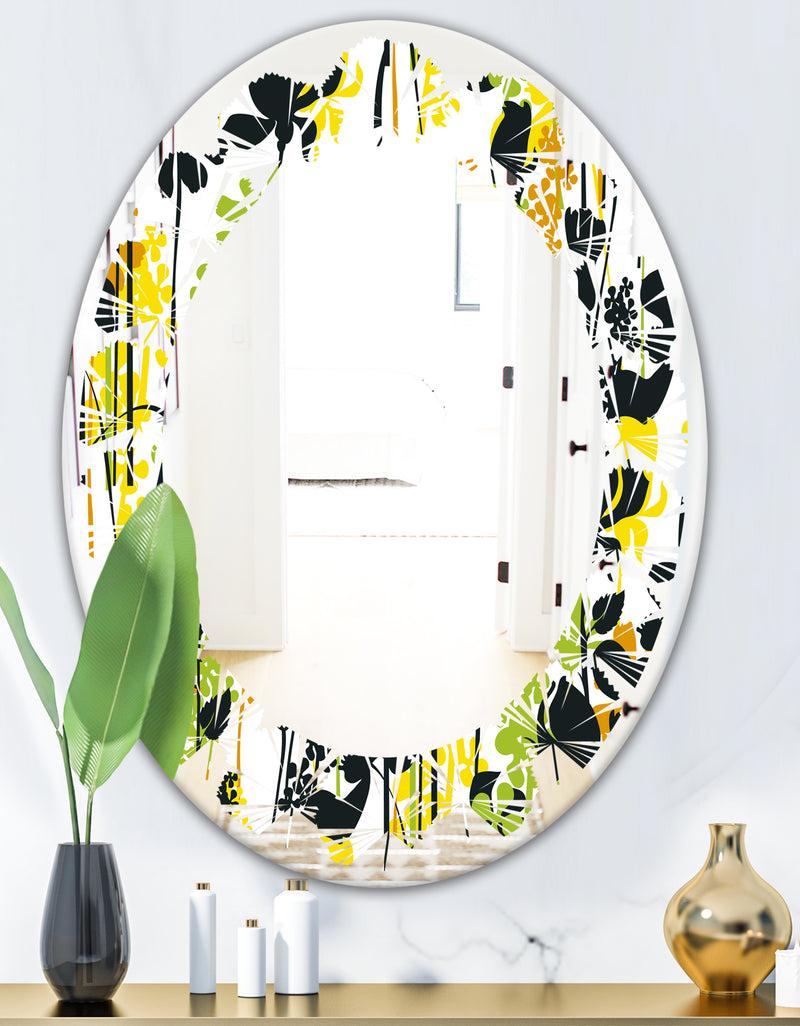 Designq Summer Meadow Pattern Black Silhouettes - Modern Round Or Oval Wall Mirror - Leaves
