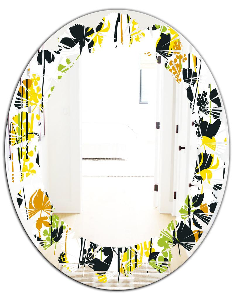 Designq Summer Meadow Pattern Black Silhouettes - Modern Round Or Oval Wall Mirror - Leaves