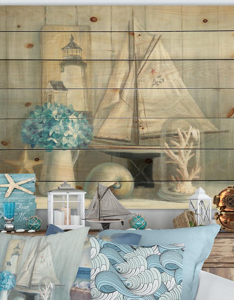 designq Summer Nautical House - Nautical & Coastal Print on Natural Pine Wood