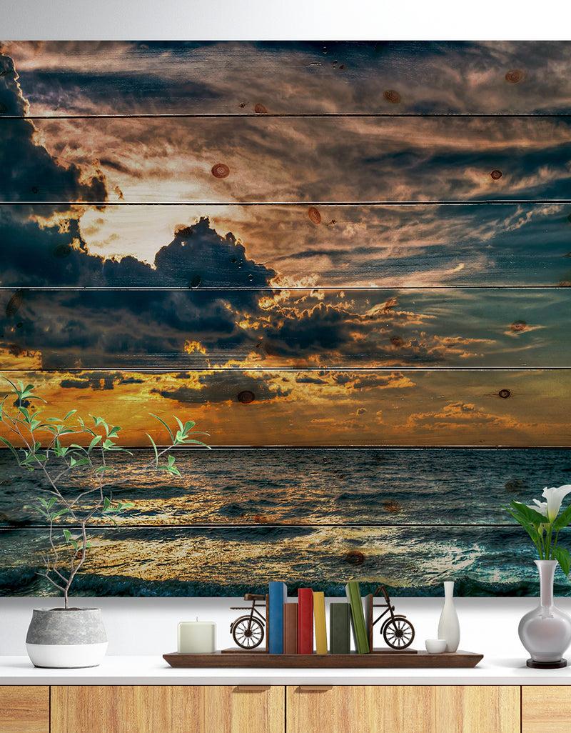 designq Sun Break over Blue Ocean - Seashore Print on Natural Pine Wood