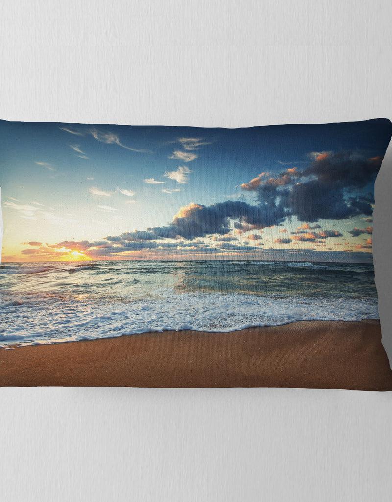 Designq Sunrise And Glowing Waves In Ocean - Seascape Throw Pillow