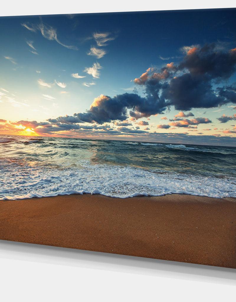 Designq Sunrise And Glowing Waves In Ocean - Seashore Canvas Wall Art
