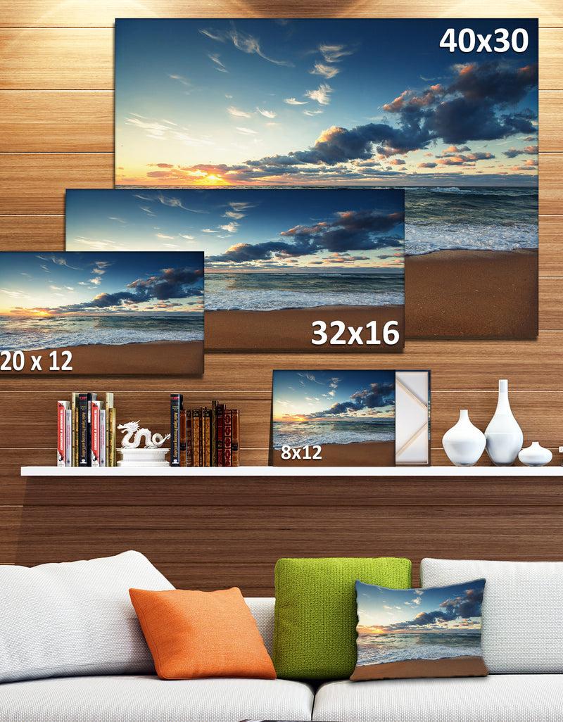 Designq Sunrise And Glowing Waves In Ocean - Seashore Canvas Wall Art