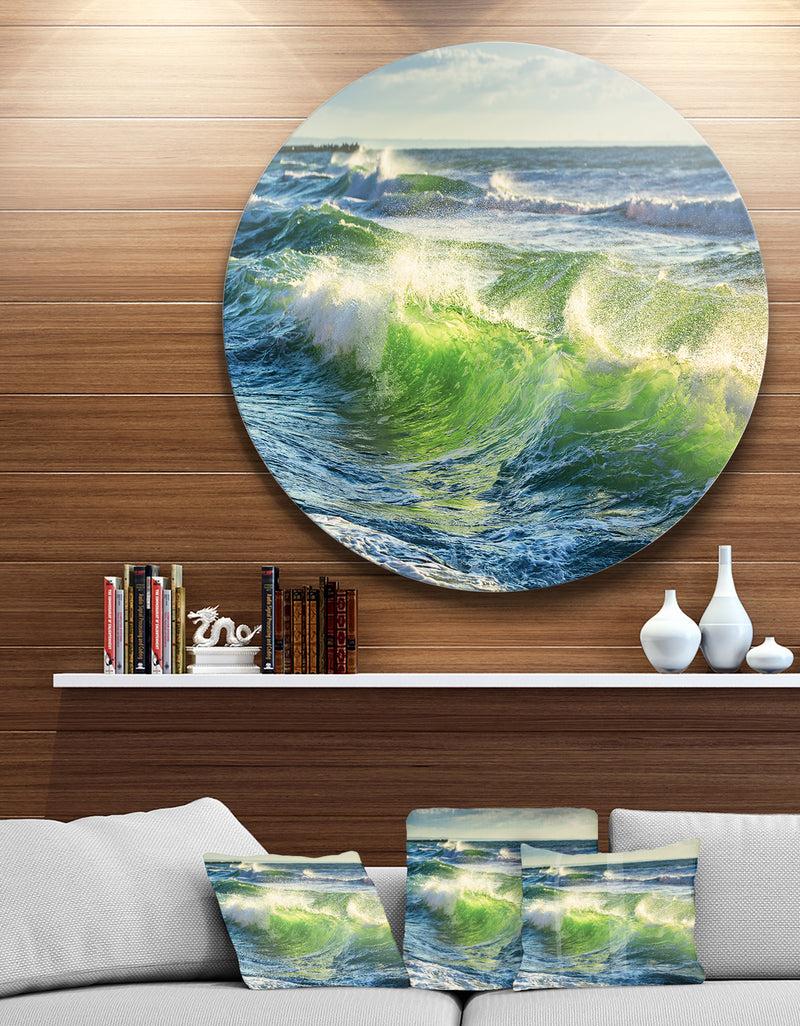 designq Sunrise and Shining Waves in Ocean - Beach Round Wall Art