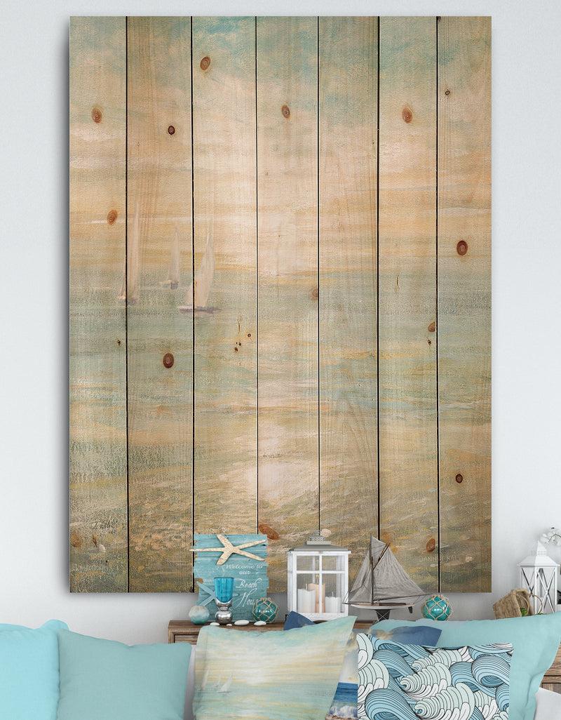 designq Sunrise Boat I - Nautical & Coastal Print on Natural Pine Wood