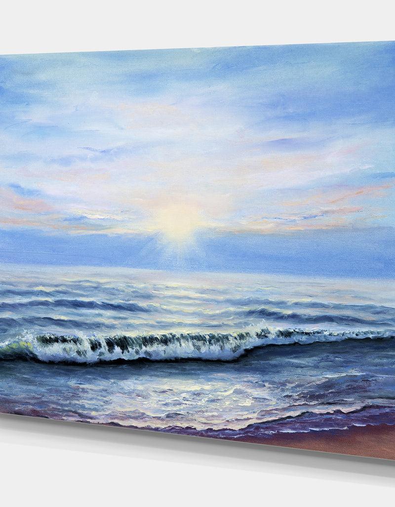 Designq Sunrise In Blue Sea - Sea & Shore Painting Print On Wrapped Canvas