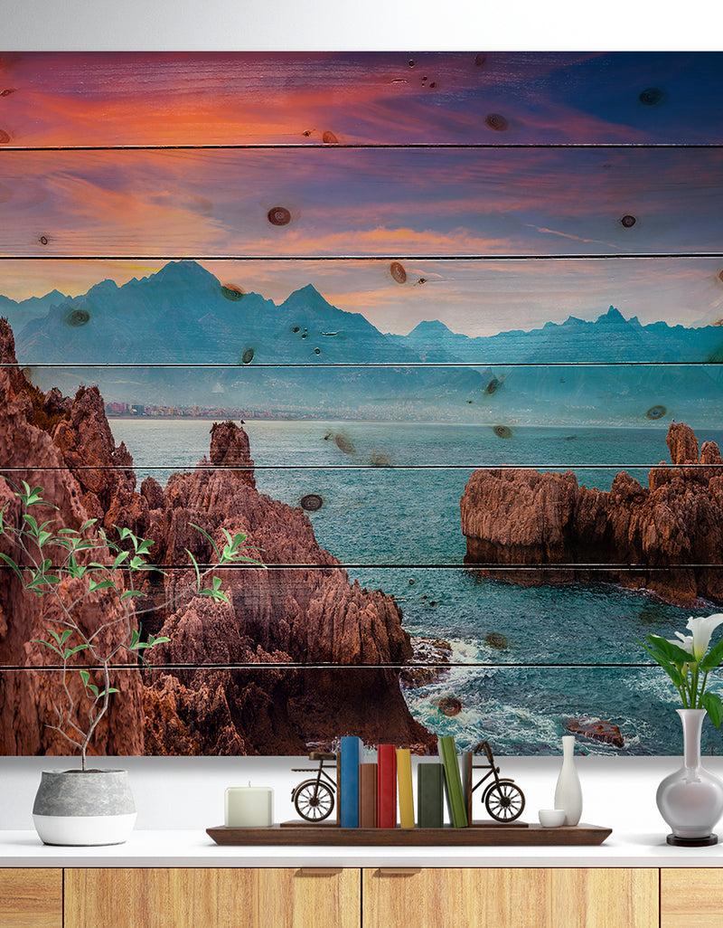 designq Sunrise on Barbor Milazzo Panorama - Landscape Print on Natural Pine Wood