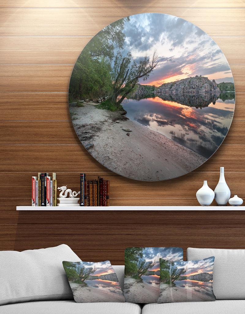 designq Sunset at River with Rock - Landscape Photo Disc Metal Wall Art