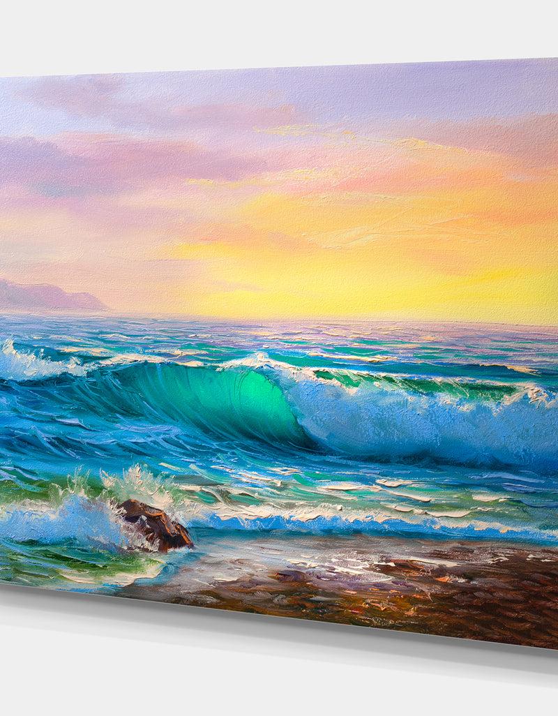 Designq Sunsets Over Ocean Waves - Sea & Shore Painting Print On Wrapped Canvas