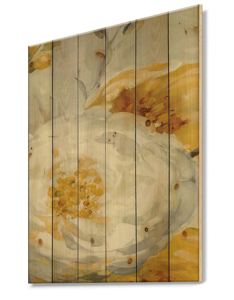 Designq Sunshine Yellow Flower I - Floral Print On Natural Pine Wood