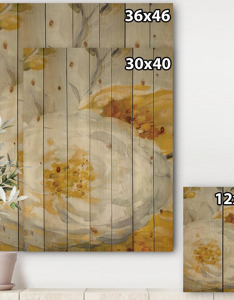 Designq Sunshine Yellow Flower I - Floral Print On Natural Pine Wood