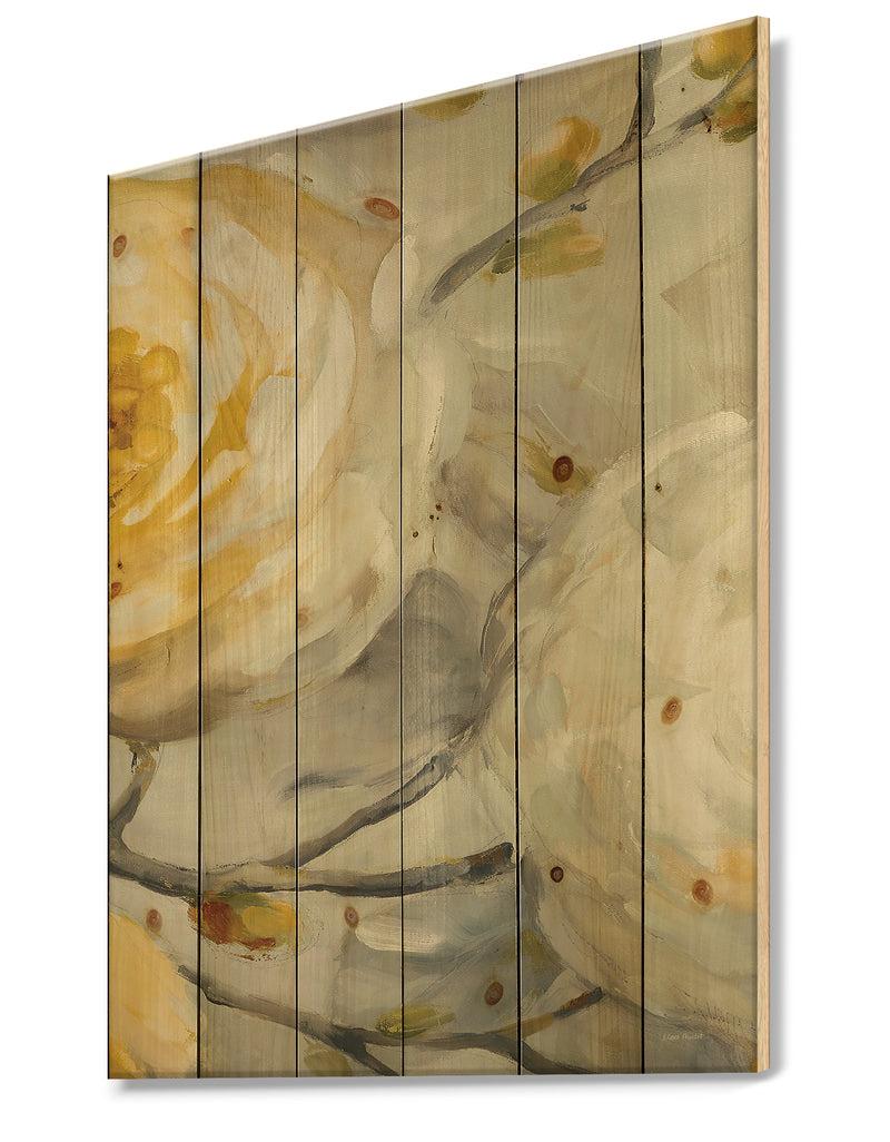 Designq Sunshine Yellow Flower II - Floral Print On Natural Pine Wood