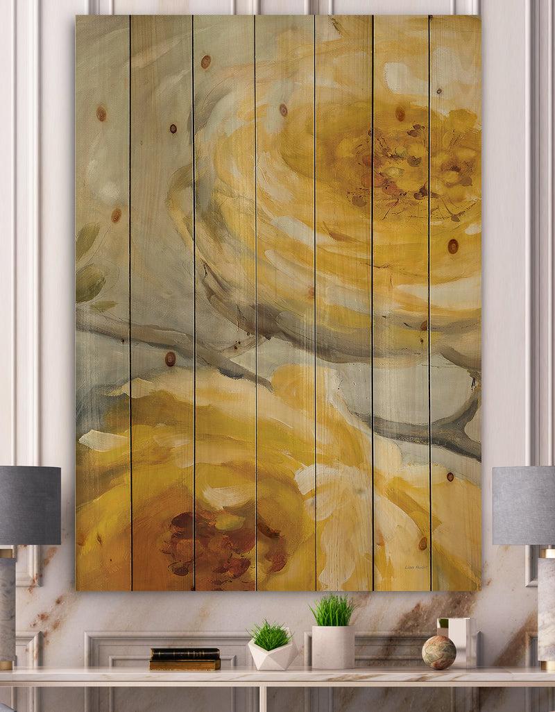 designq Sunshine Yellow Flower III - Floral Print on Natural Pine Wood