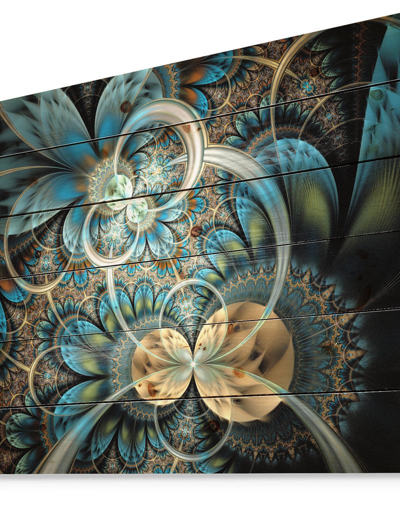 Designq Symmetrical Blue Gold Fractal Flower - Abstract Print On Natural Pine Wood