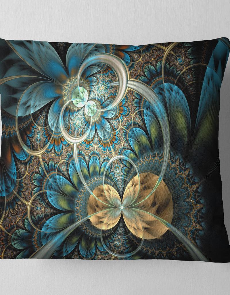 Designq Symmetrical Blue Gold Fractal Flower - Abstract Throw Pillow