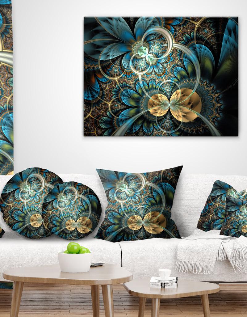 designq Symmetrical Blue Gold Fractal Flower - Abstract Throw Pillow