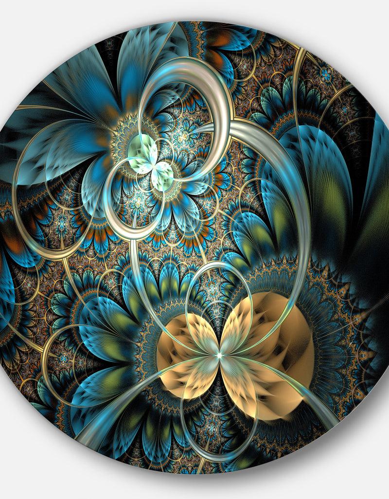 Designq Symmetrical Blue Gold Fractal Flower - Digital Art Circle Metal Wall Art