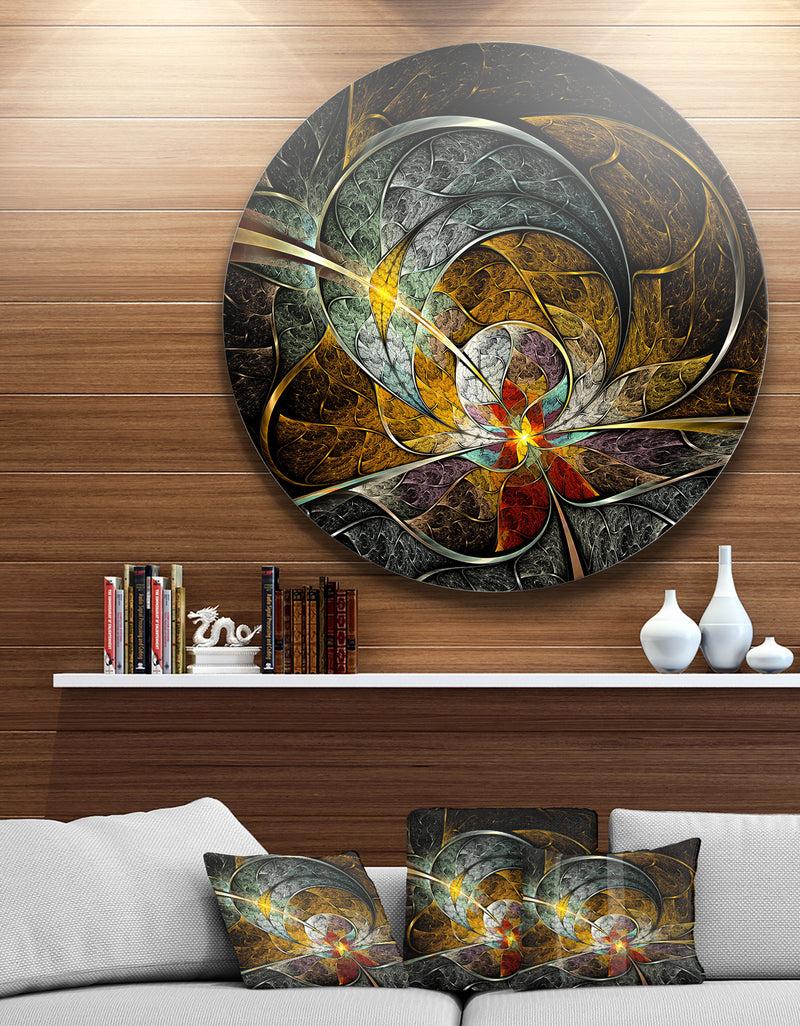 designq Symmetrical Yellow Digital Art Flower - Floral Art Round Metal Wall Art