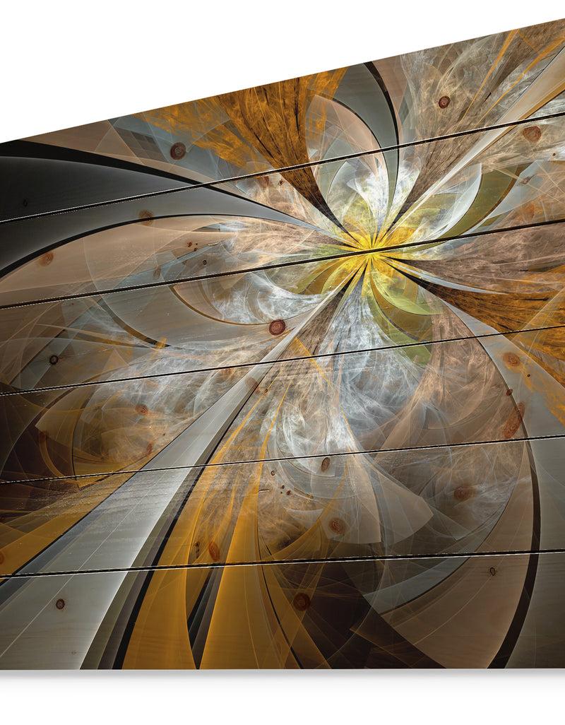 Designq Symmetrical Yellow Fractal Flower - Abstract Print On Natural Pine Wood
