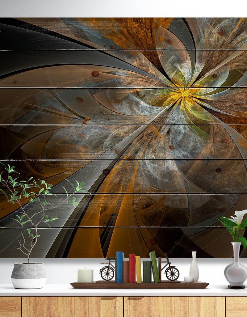 designq Symmetrical Yellow Fractal Flower - Abstract Print on Natural Pine Wood