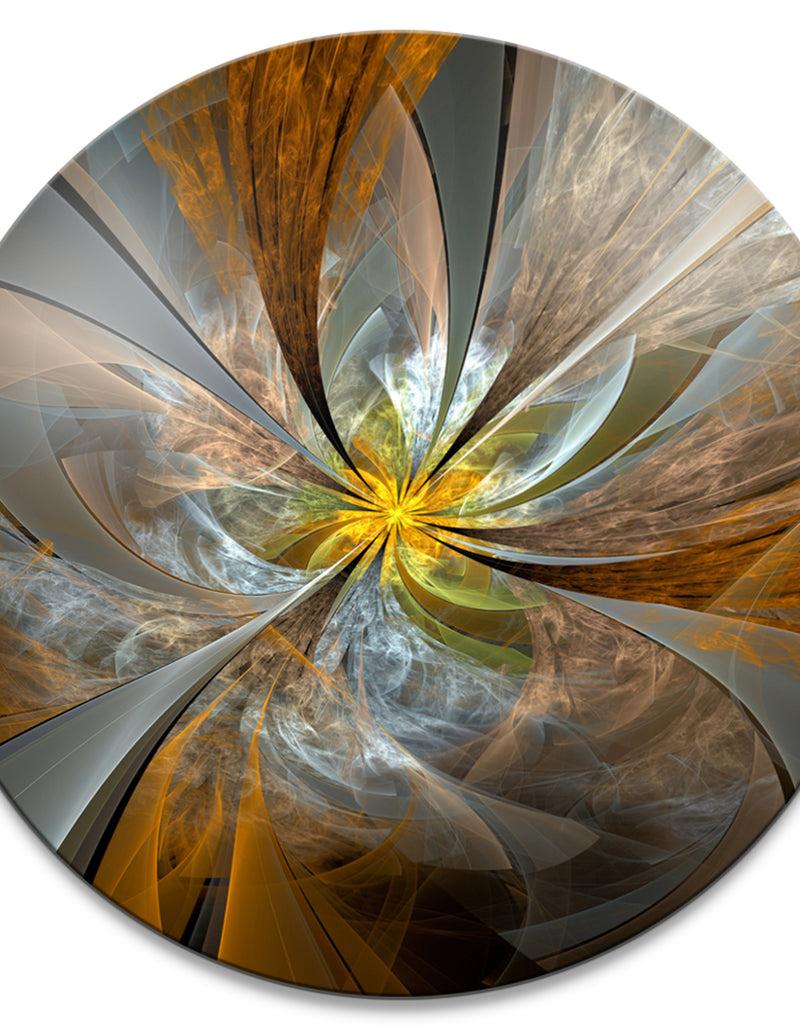 Designq Symmetrical Yellow Fractal Flower - Digital Art Circle Metal Artwork