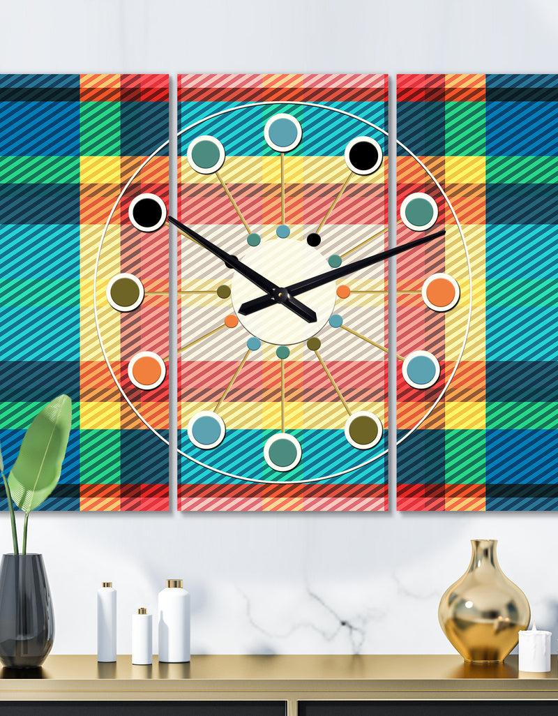 designq Tartan Geometrical Texture III - Oversized Mid-Century wall clock - 3 Panels