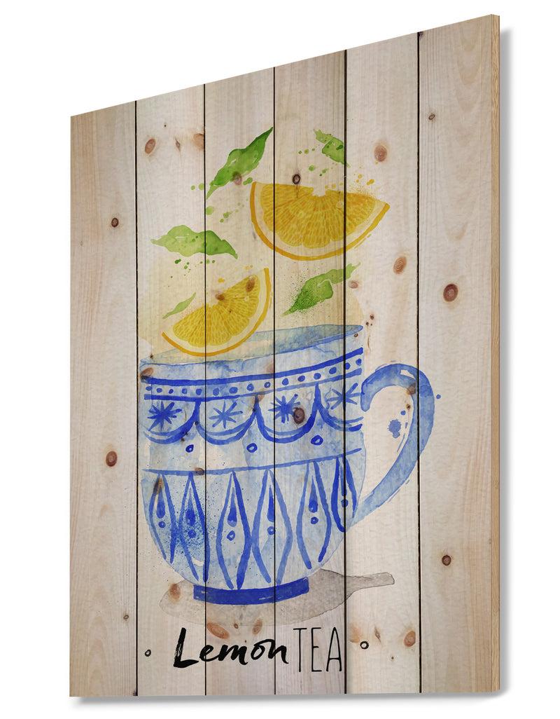 Designq Teacup Lemon Tea - Food Painting Print On Natural Pine Wood