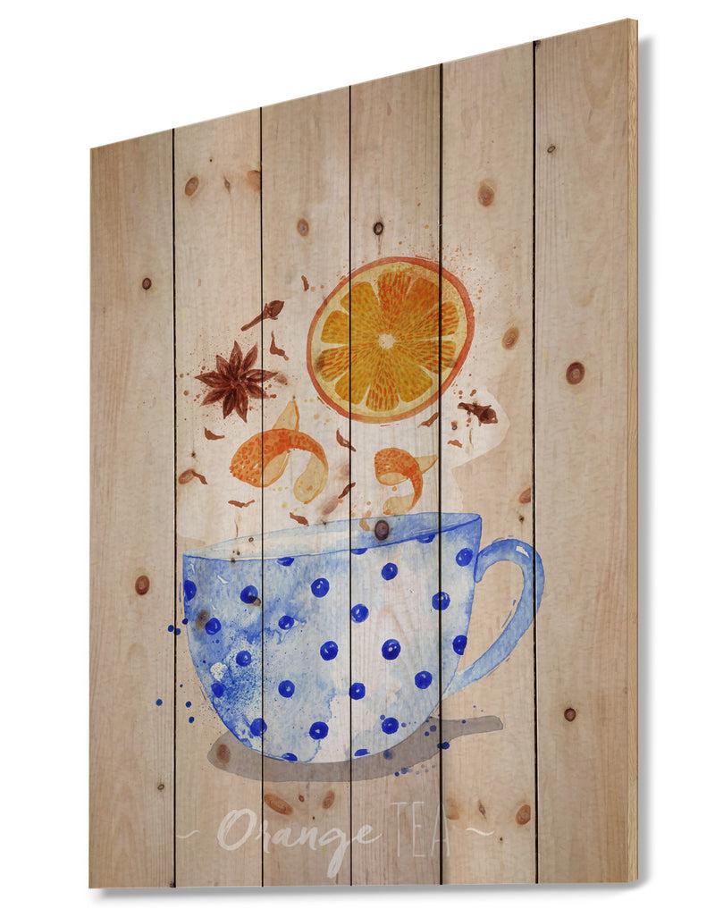 Designq Teacup Orange Tea Kraft - Food Painting Print On Natural Pine Wood