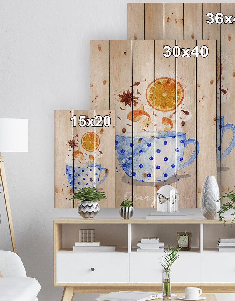 Designq Teacup Orange Tea Kraft - Food Painting Print On Natural Pine Wood