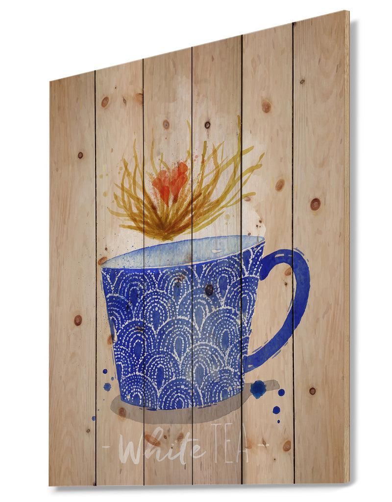 Designq Teacup White Tea Kraft - Food Painting Print On Natural Pine Wood