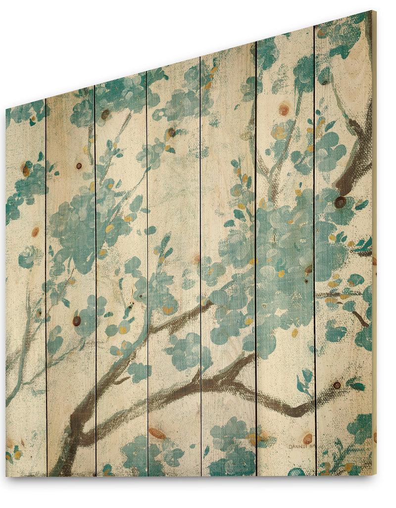 Designq Teal Cherry Blossoms I - Traditional Floral Print On Natural Pine Wood