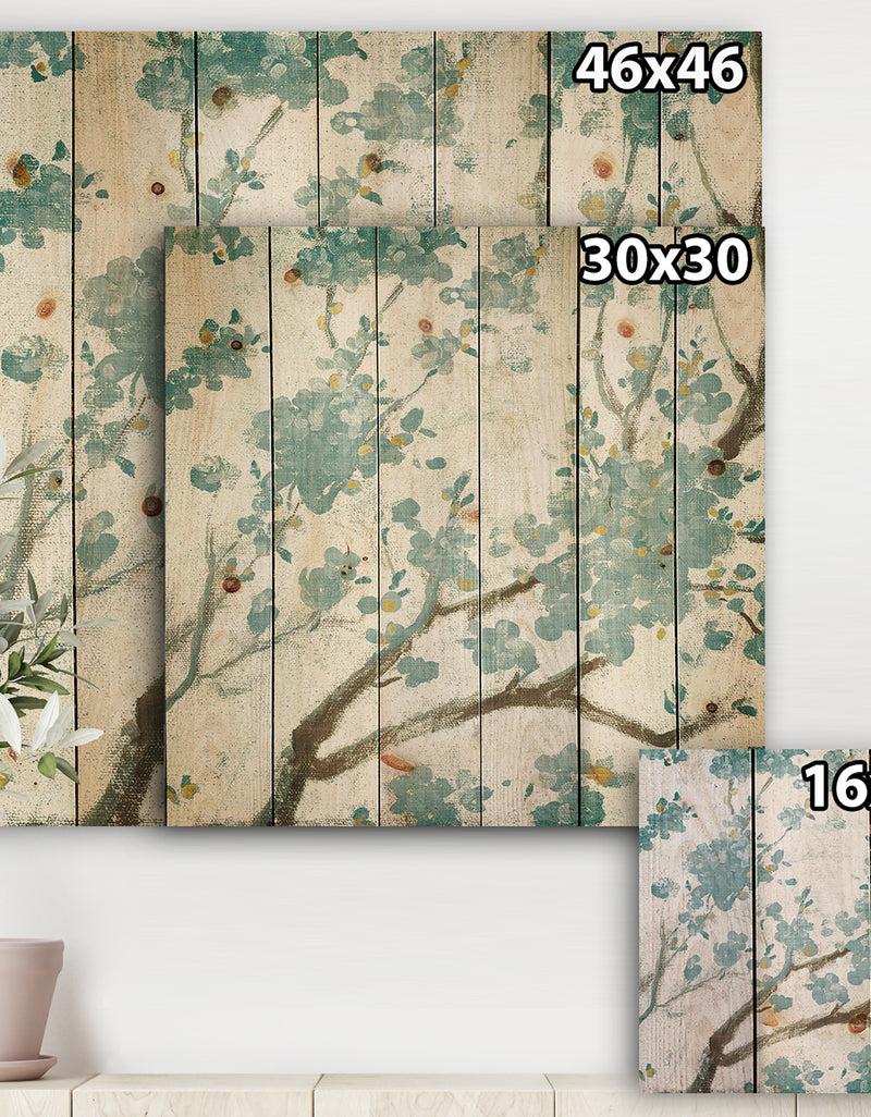 Designq Teal Cherry Blossoms I - Traditional Floral Print On Natural Pine Wood