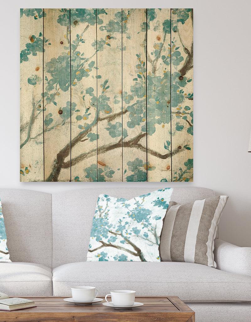 designq Teal Cherry Blossoms I - Traditional Floral Print on Natural Pine Wood