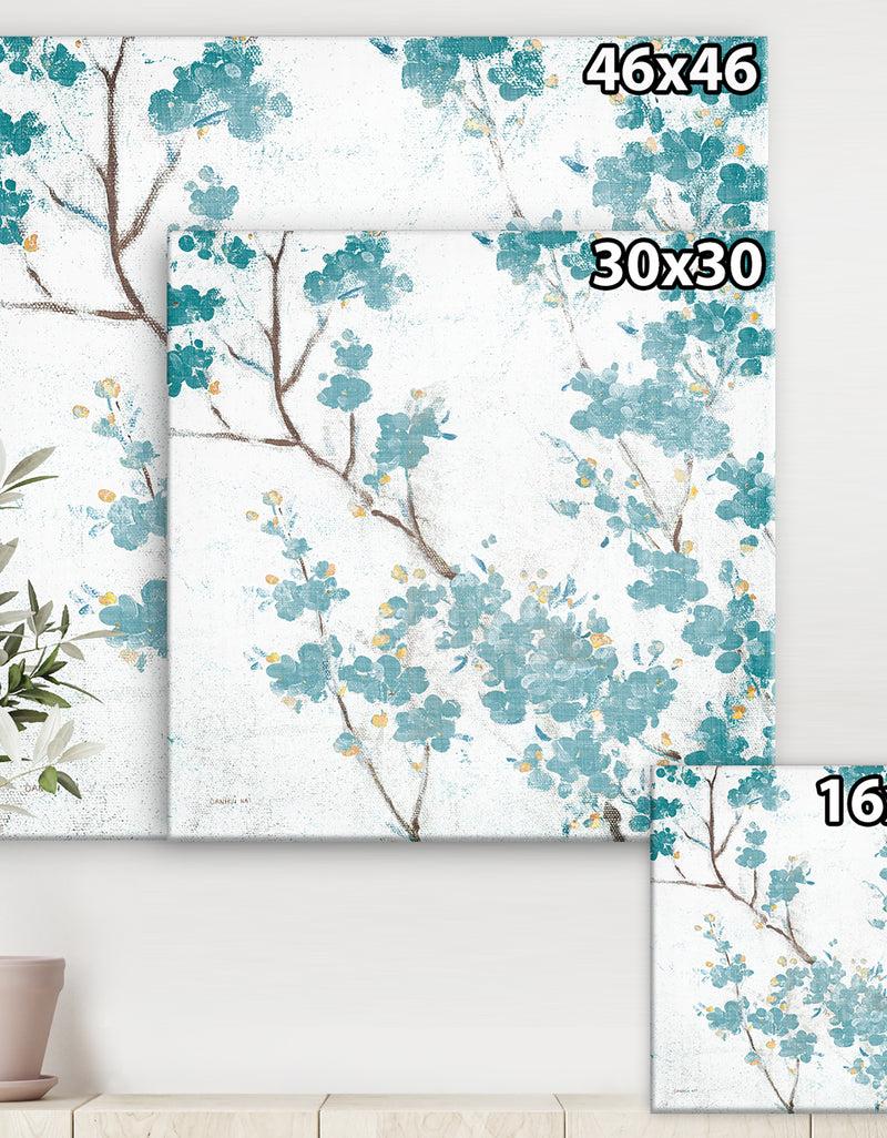 Designq Teal Cherry Blossoms II - Traditional Floral Canvas Art