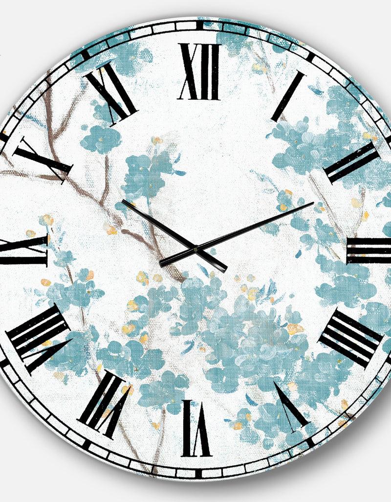 Designq Teal Cherry Blossoms II - Traditional Floral Large Wall CLock