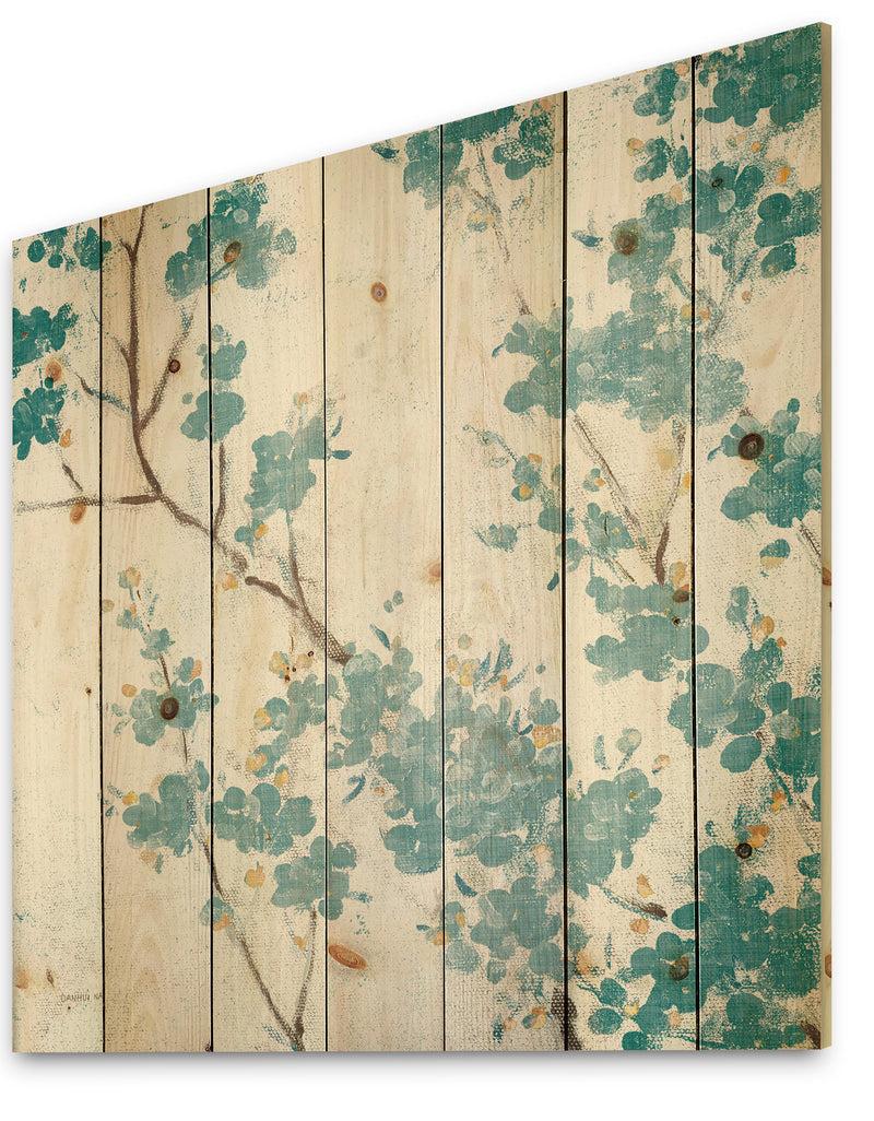 Designq Teal Cherry Blossoms II - Traditional Floral Print On Natural Pine Wood