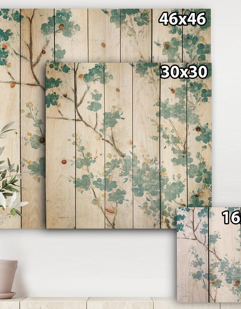 Designq Teal Cherry Blossoms II - Traditional Floral Print On Natural Pine Wood