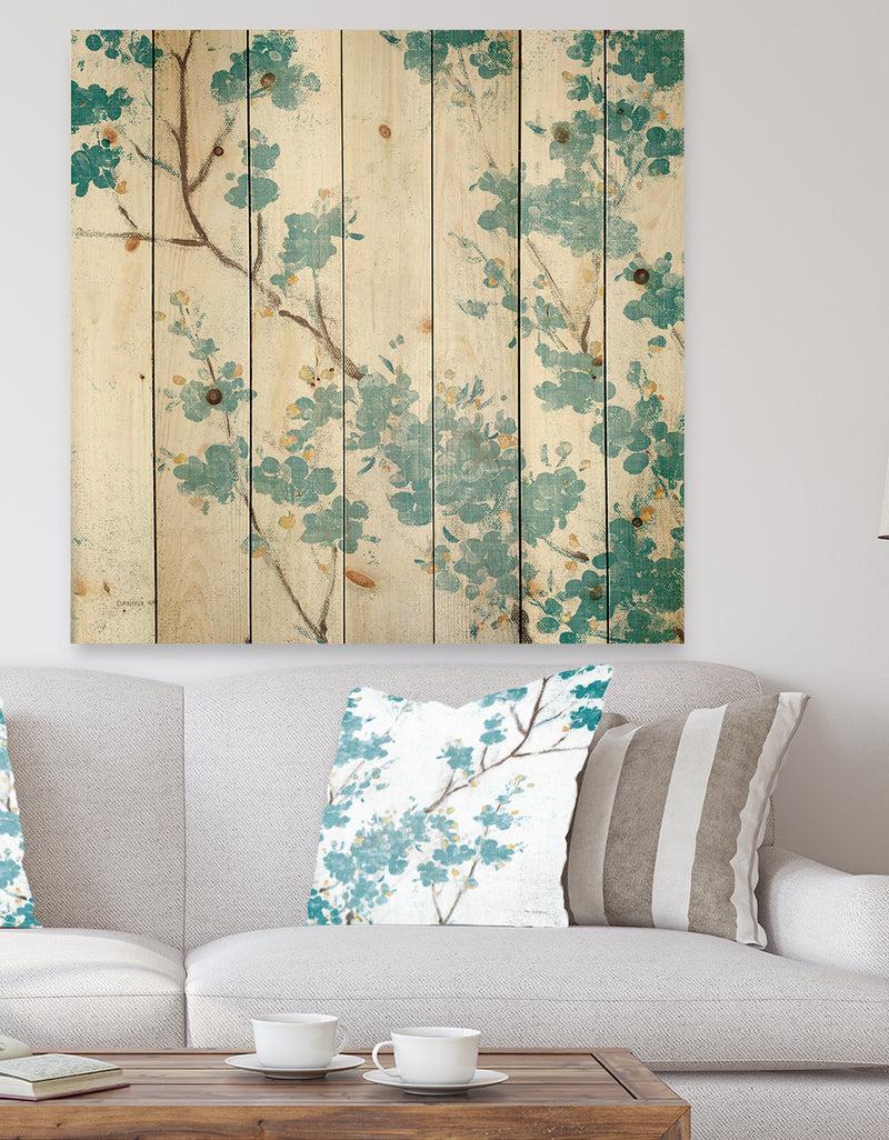 designq Teal Cherry Blossoms II - Traditional Floral Print on Natural Pine Wood